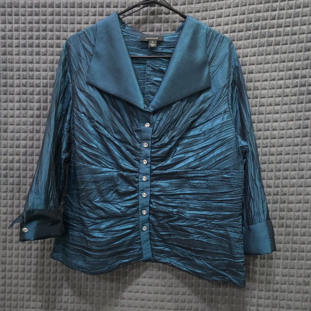VTG Blue Satin Ruched Blouse XL 80s 90s USA Statement Glam Rhinestone Maximalist